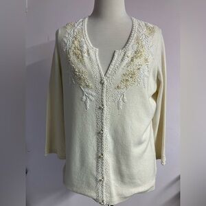Women’s Wool/Cashmere Blend Button Front Sweater, XL, Ivory, Beaded, Ann Taylor